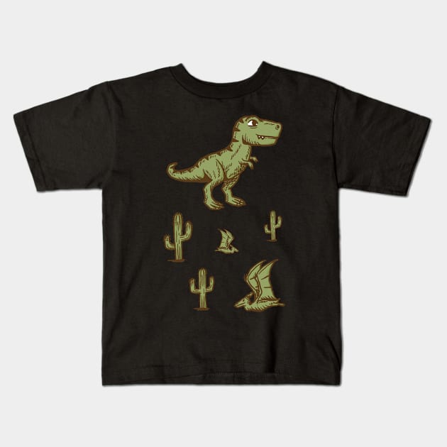 Vintage cute Trex & pterodactyl with Cactuses Kids T-Shirt by lightsonfire